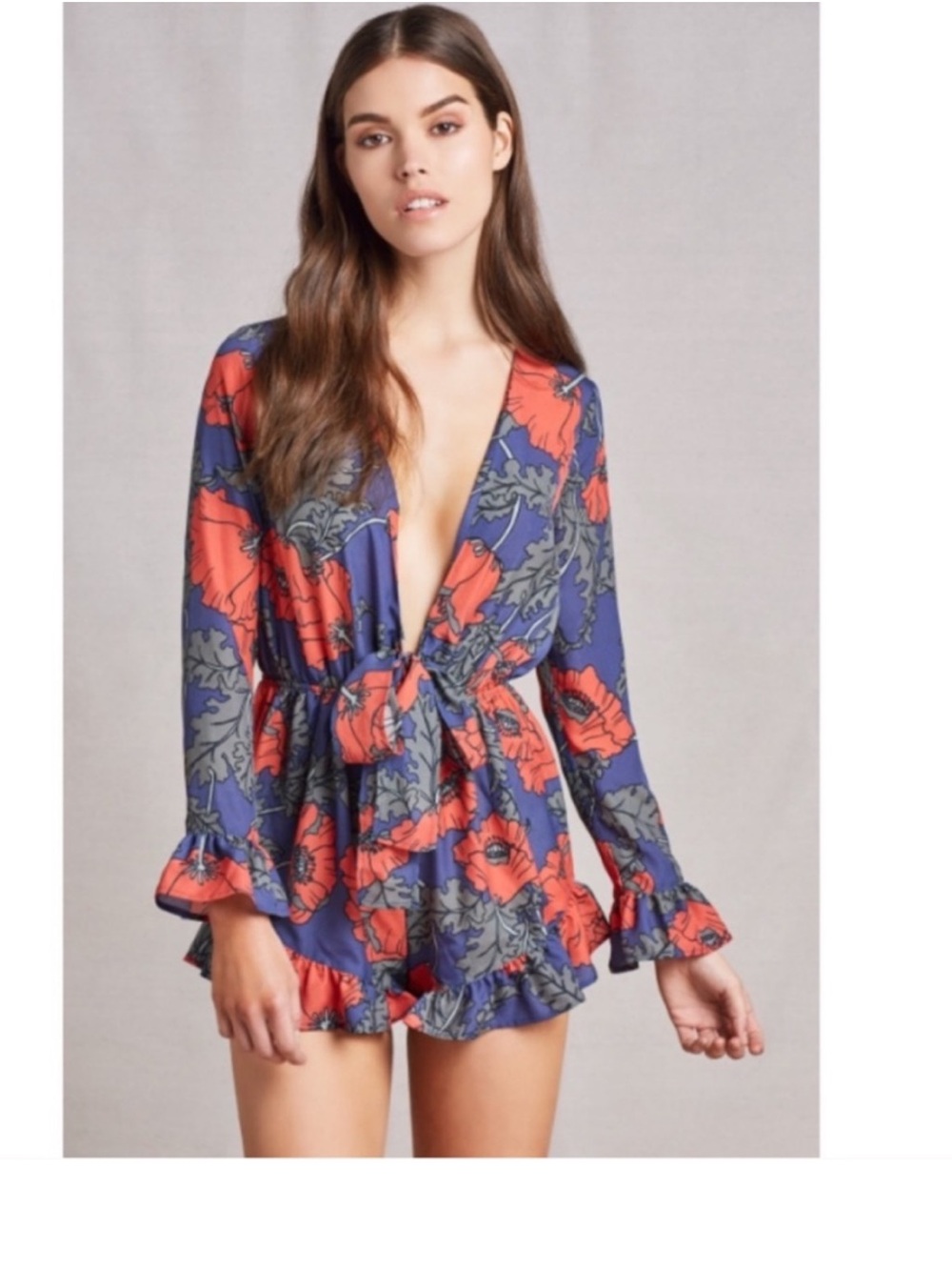 Tularosa XS Floral Tie-Front Romper in Blue and Coral